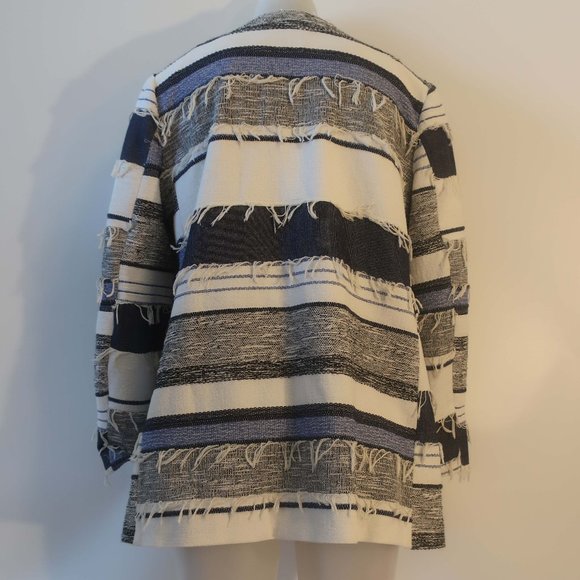 Womens Zara Basic Rustic Blue White Fringe Open Mid-Length Jacket L * - Picture 9 of 13